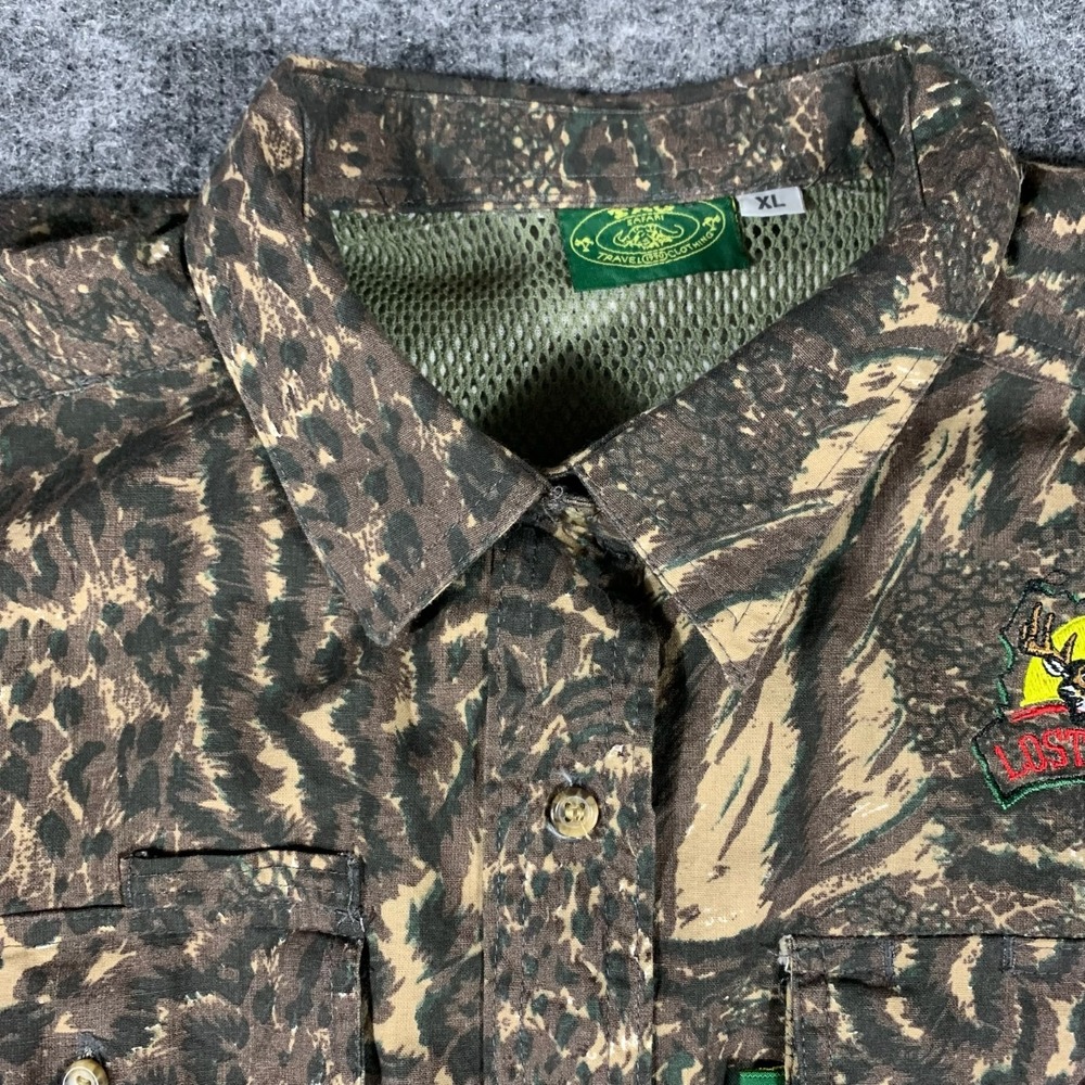 Vintage TAG Safari Shirt Mens XL Brown Camo Button Up Lost Arrow Long Sleeve 90s